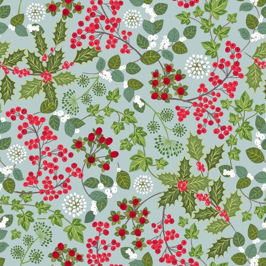 CLEARANCE Lewis and Irene 'Winter Botanical' - Holly and ivy on winter blue with pearl - PRECUT FQ's - allsettosew