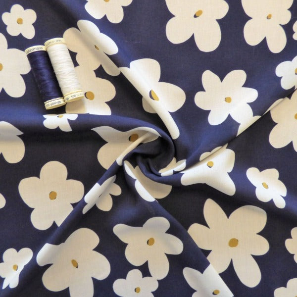 Lady McElroy - Dancing Daisies - Navy - Viscose Challis Lawn - allsettosew
